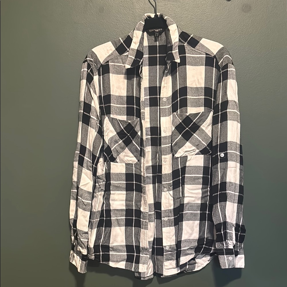 Express Black and White Plaid Button Down Shirt